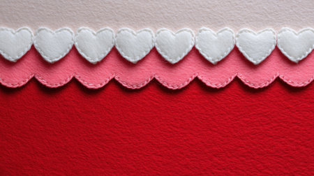This detailed textured background showcases stitched hearts and decorative scalloped edges in pink and white, perfect for romantic and creative projects.の素材