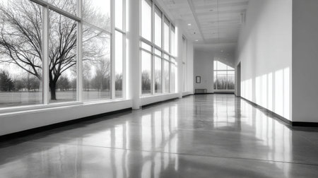 A bright and spacious hallway captures natural light through large windows. The polished floor reflects a minimalist design, creating a tranquil environment in black and white.の素材