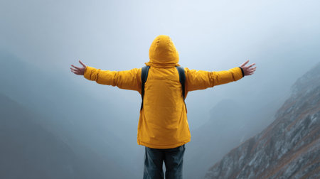 A person wearing a bright yellow jacket stands at the edge of a mountain, arms wide open, embracing the foggy atmosphere, showcasing the beauty of nature and adventure.の素材