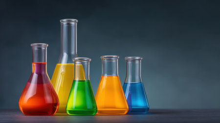 This image captures a captivating arrangement of colorful laboratory glassware filled with vibrant liquids, ideal for showcasing scientific experimentation and education.の素材
