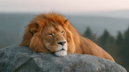 A majestic lion reclining gracefully on a large rock, surrounded by a tranquil landscape at dusk. The soft lighting highlights the lion's beautiful mane and serene demeanor.の素材