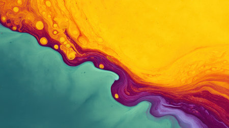 Explore the beauty of abstract fluid art featuring vibrant yellow, rich purple, and calming teal tones. This dynamic composition showcases swirling motion and bold colors.の素材
