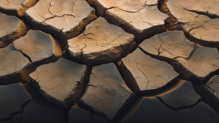 Detailed view of cracked earth surface showing distinct patterns. The image highlights the effects of drought and climate change on the natural landscape and environment.の素材