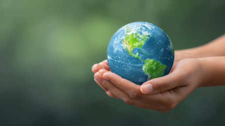 A pair of hands gently cradles a small globe, symbolizing love for the planet and environmental stewardship. The green background emphasizes the importance of conservation.の素材