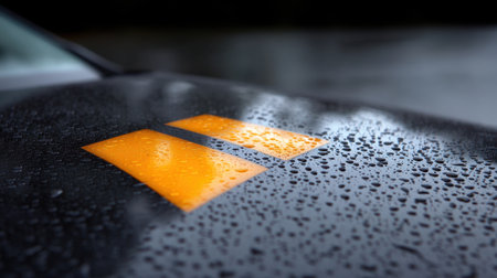 This close-up photograph captures the beauty of rain droplets on a black glossy surface with a vivid yellow stripe, emphasizing urban and natural elements.の素材