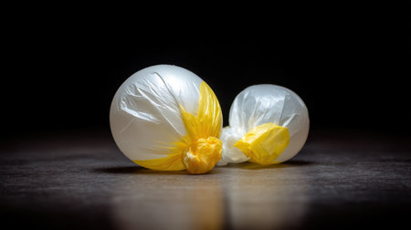 This close-up image features two vibrant water balloons with bright yellow accents, set against a dark surface, perfect for creative projects and fun themes.の素材