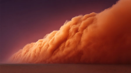 An impressive dust storm gathers over a serene desert landscape, showcasing vibrant colors and dramatic clouds against an evening sky, creating a stunning natural spectacle.の素材