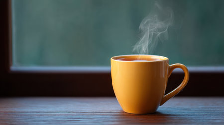 A charming image of a yellow coffee cup filled with steaming hot beverage, resting on a wooden table by the window. The warm natural light creates a cozy atmosphere.の素材