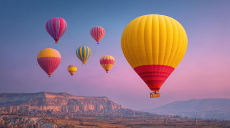Majestic hot air balloons drift gracefully over a stunning rocky landscape during sunrise, offering breathtaking views and captivating experiences for travelers.の素材