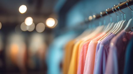 Display of colorful shirts hanging on racks in a trendy boutique, emphasizing vibrant fabrics and modern fashion in an inviting shopping atmosphere.の素材