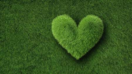 A vibrant heart shape formed from lush green grass sits against a vivid lawn background, symbolizing love for nature and the importance of an eco-friendly lifestyle.の素材