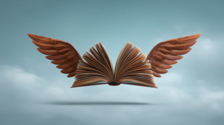 A whimsical image of an open book with wings soaring through a serene sky, representing the power of imagination and the limitless possibilities of knowledge.の素材