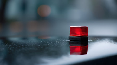 A striking close-up of a red emergency light resting on a wet surface, capturing the essence of urgency and alertness in an urban setting, surrounded by a blurred background.の素材