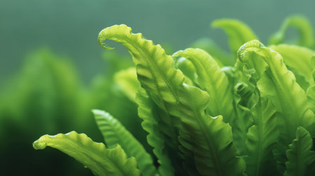 Close-up view of vibrant green fern leaves showcasing intricate textures and shapes. The soft focus background creates a serene and tranquil atmosphere, perfect for nature lovers.の素材