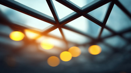 A striking abstract capture showcasing a geometric glass structure illuminated by warm bokeh lights, conveying a sense of modern architecture and urban elegance.の素材
