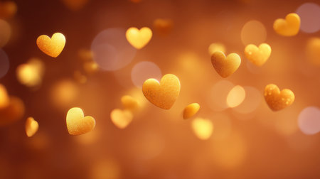 A mesmerizing display of golden hearts floating gracefully against a warm bokeh background, perfect for themes of love, celebration, and joy in various projects.の素材