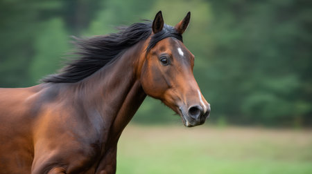 Capture the beauty of a brown horse with a flowing mane, set against a vibrant green landscape, evoking feelings of freedom and natural elegance in this serene outdoor setting.の素材