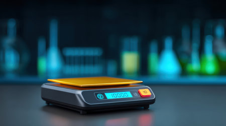 A digital laboratory scale sits prominently in a modern research environment, showcasing weight measurement for precise scientific experiments and accurate data collection.の素材