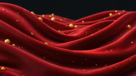 This stunning image features luxurious crimson fabric adorned with shimmering gold particles, creating an elegant texture that embodies opulence and richness.の素材