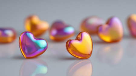 A vibrant arrangement of colorful glossy hearts scattered on a smooth surface, perfect for romantic themes, crafts, celebrations, and art inspirations.の素材