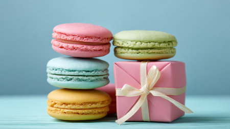 Delightful arrangement of colorful macarons alongside a charming pink gift box. This image captures the essence of celebration and would enhance any dessert-themed project.の素材