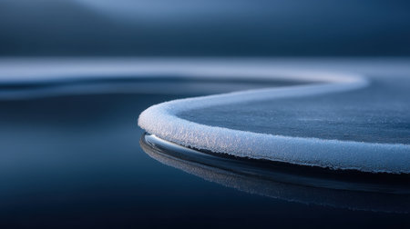 This captivating image features a frosty shoreline with delicate ice formations, beautifully reflected on a dark water surface under gentle morning light.の素材