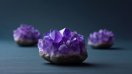 Amethyst crystals gleam in shades of purple, beautifully arranged on a dark surface. This captivating image highlights the natural elegance and charm of gemstones for decor or design.の素材