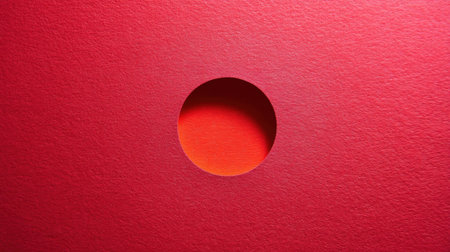 This striking image features a vibrant red background with a bold circular cutout, highlighting layered colors and texture, adding depth to abstract creative works.の素材
