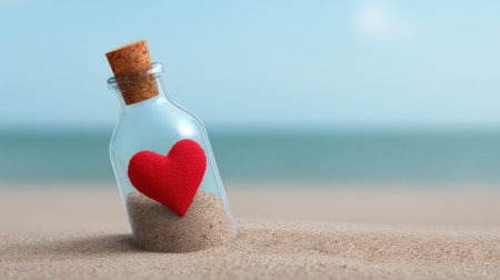 A charming glass bottle with a vibrant red heart nestled in sandy beach, illustrating themes of love and hope, with a tranquil ocean and sky in the background.の素材