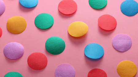 A delightful arrangement of colorful paper circles in various hues laid on a soft pink background, perfect for decorations, party themes, or crafting projects.の素材