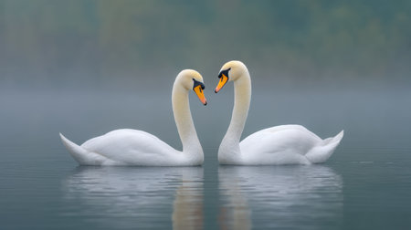 A tranquil scene captures a pair of swans elegantly swimming together in a foggy lake, symbolizing love and harmony amidst serene natural beauty.の素材
