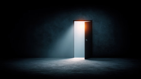 An open door emanates soft light in a darkened room, creating an atmosphere of hope and opportunity. This concept evokes feelings of new beginnings and exploration.の素材