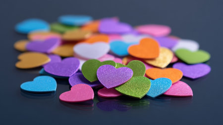 A vivid assortment of colorful glitter hearts scattered on a surface, ideal for crafting or adding cheer to celebrations, parties, or special occasions with a playful tone.の素材