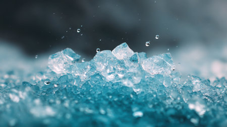 Discover a stunning close-up image of bright blue ice crystals, glistening and splattering droplets of water, showcasing nature's cold beauty and vibrant texture.の素材