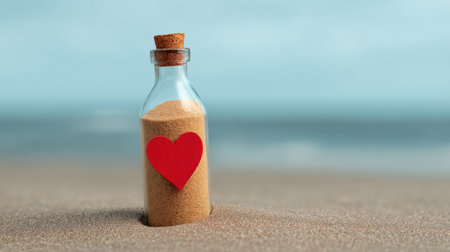 A captivating scene featuring a love message in a bottle nestled in sand, adorned with a red heart symbol, evoking romance and warm emotions by the ocean.の素材