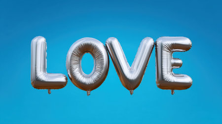A vibrant image of silver foil balloons forming the word "love" set against a bright blue sky. Ideal for romantic expressions, celebrations, and joyful events.の素材