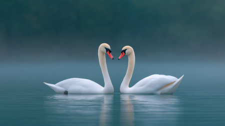 Two elegant swans swim closely together on a tranquil lake, shrouded in soft mist. A perfect scene showcasing the beauty of nature and romantic tranquility.の素材