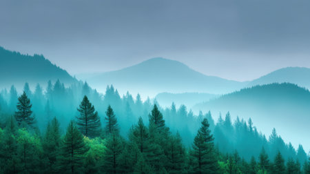 A serene forest landscape featuring layers of green pine trees enveloped in a soft mist, creating a tranquil and atmospheric scene suitable for relaxation or nature themes.の素材