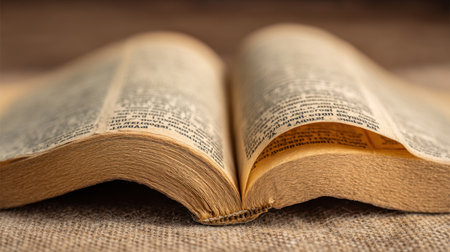 This image features an open vintage book with yellowed pages, resting on a textured fabric. The intricate printed text evokes feelings of nostalgia and a love for reading.の素材