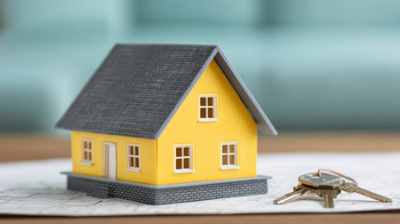 A vibrant yellow model house sits on a table alongside keys, symbolizing home ownership and aspirations in real estate. Ideal for themes of investment and dreams.の素材