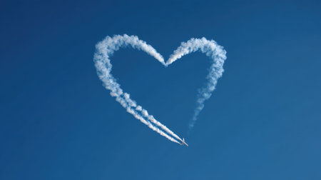 An airplane creates a heart shape using smoke trails against a bright blue sky, capturing the essence of love and adventure, perfect for romantic themes.の素材