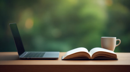 A cozy workspace features a laptop, an open book, and a coffee mug, surrounded by a serene natural backdrop, perfect for study and creativity time.の素材