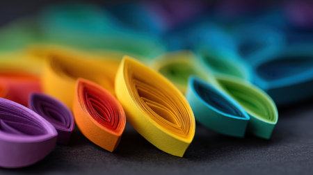 This image features colorful paper strips arranged in wave shapes against a dark background, perfect for arts, crafts, and design inspiration.の素材