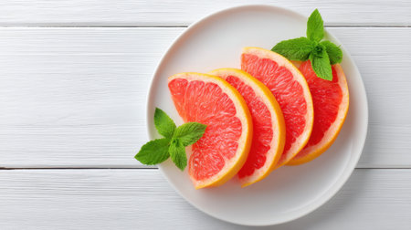 Brightly colored grapefruit segments arranged on a white plate add a touch of freshness and vibrancy, complemented by aromatic mint leaves, perfect for healthy meals.の素材