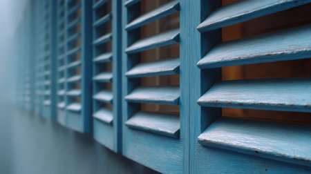 A close-up image of blue shutters on a vintage building, showcasing intricate details and textures that create a serene and nostalgic atmosphere in design settings.の素材