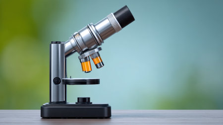 A modern microscope is placed on a wooden table, featuring metallic accents and orange lenses, set against a blurred green background, ideal for educational themes.の素材
