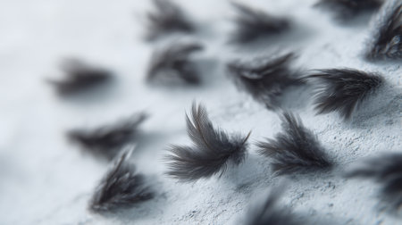 A captivating arrangement of delicate black feathers scattered across a soft white surface, embodying tranquility and artistic simplicity for various creative projects.の素材