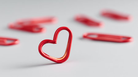 A heart-shaped paperclip stands out among scattered red paperclips, embodying themes of love and creativity in a minimalistic office setting.の素材