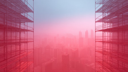 A captivating urban scene featuring a hazy city skyline framed by scaffolding. This image highlights the contrast between construction and atmospheric conditions.の素材