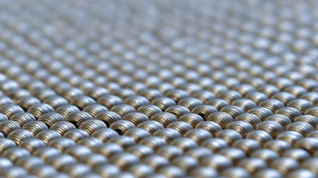 This image showcases a close-up view of a textured metallic wire mesh featuring circular patterns, ideal for industrial design or creative projects.の素材